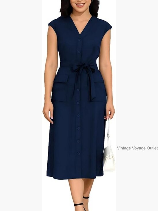 Dresses & Skirts - V Neck Button Down Swing Midi Shirt Dress with Pockets